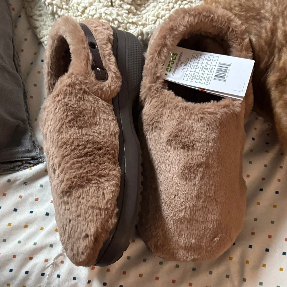 CROCS Women's Fuzzy Slip-On Mules in Light Brown - Picture 2 of 4
